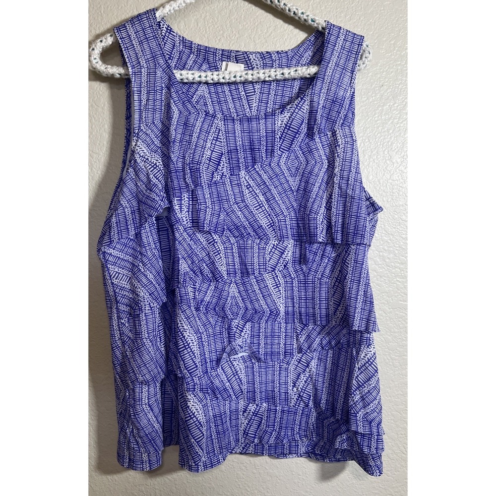 Chico's Size‎ 4 Womens White Purple Tank Top Tiered Ruffles Sleeveless Stretch